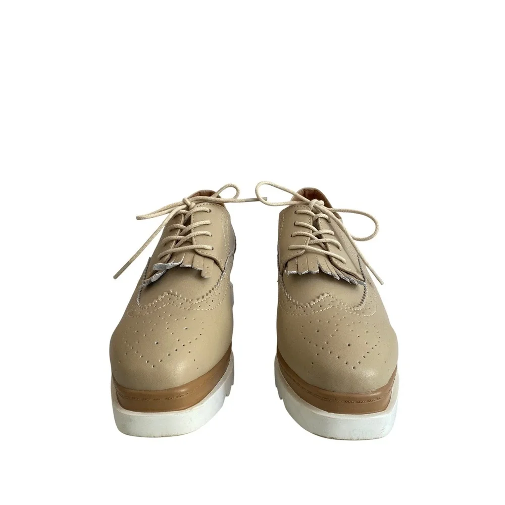 Fashion Beige Platform Brogue Oxfords Kiltie Fringe Wingtip Wedge Shoes‎ Size 9